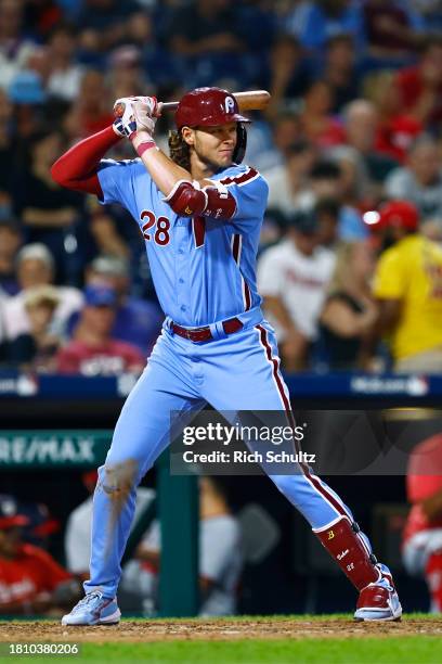 Alec Bohm of the Philadelphia Phillies in action against the Washington Nationals during a game at Citizens Bank Park on August 10, 2023 in...