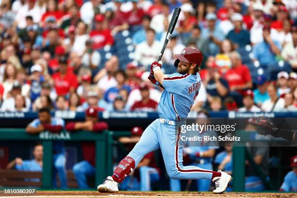 Bryce Harper of the Philadelphia Phillies in action against the Washington Nationals during a game at Citizens Bank Park on August 10, 2023 in...