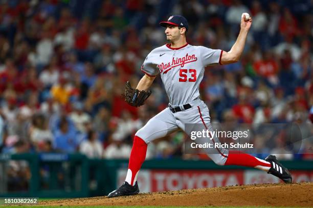 Joe La Sorsa of the Washington Nationals in action against the Philadelphia Phillies during a game at Citizens Bank Park on August 10, 2023 in...