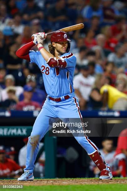 Alec Bohm of the Philadelphia Phillies in action against the Washington Nationals during a game at Citizens Bank Park on August 10, 2023 in...