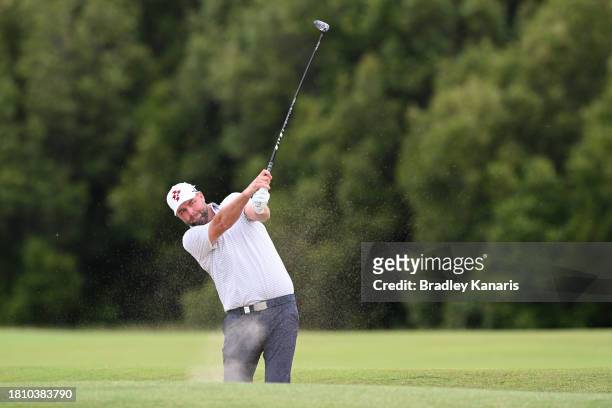 Marc Leishman of Australia plays a bunker shot during day two of the 2023 Australian PGA Championship at Royal Queensland Golf Club on November 24,...