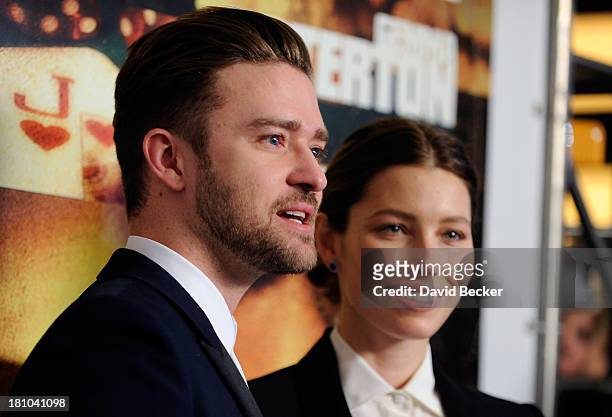Singer/actor Justin Timberlake and his wife, actress Jessica Biel, arrive at the world premiere of Twentieth Century Fox and New Regency's film...