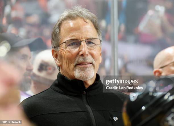 Head Coach of the Philadelphia Flyers John Tortorella observes game action during the first period against the Columbus Blue Jackets at the Wells...