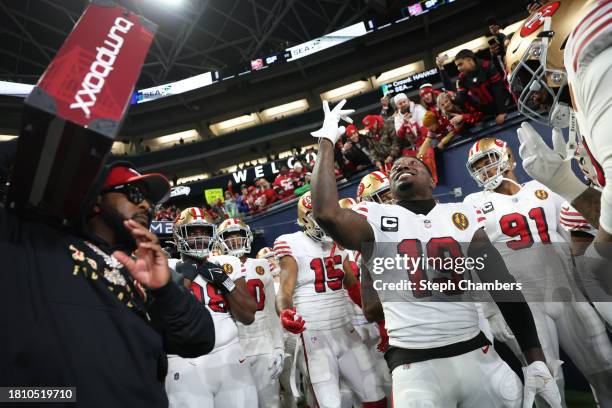 Deebo Samuel of the San Francisco 49ers takes to the field prior to a game against the Seattle Seahawks at Lumen Field on November 23, 2023 in...