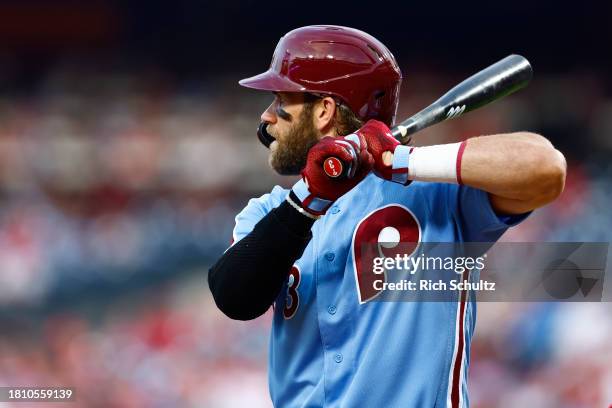 Bryce Harper of the Philadelphia Phillies in action against the Washington Nationals during a game at Citizens Bank Park on August 10, 2023 in...