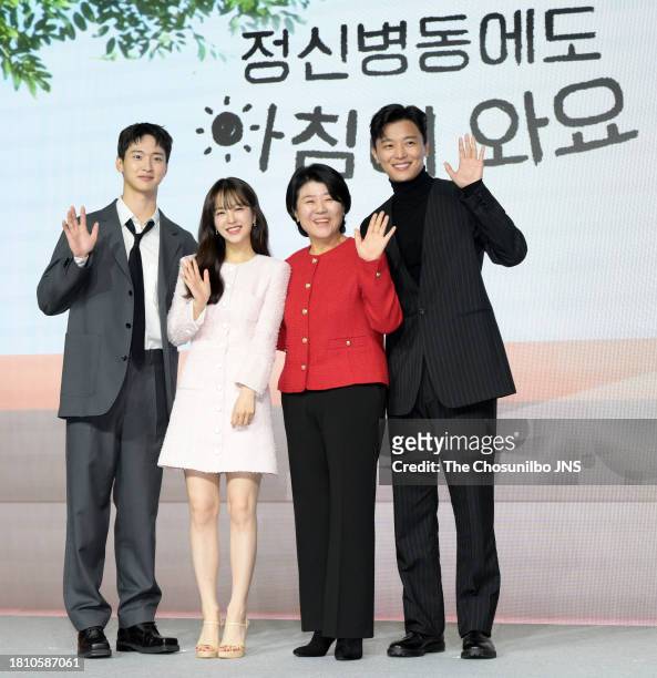 November 01: South Korean actor Jang Dong-yoon, Park Bo-young, Lee Jung-eun and Yeon Woo-jin attend the press conference for Netflix serie "Daily...