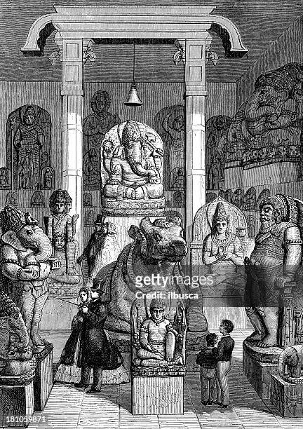 antique illustration of leyde museum asian monument room - hinduism stock illustrations