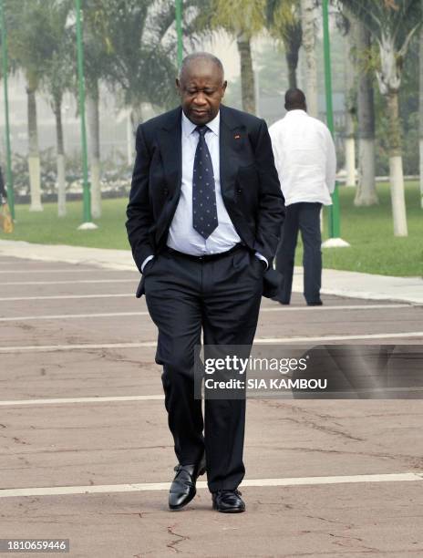 Incumbent Ivory Coast strongman Laurent Gbagbo arrives for an interview with French television channel Canal Plus on January 11, 2011 in Abidjan. At...