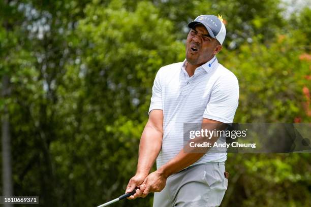 Jhonattan Vegas of Venezuela reacts on the 9th green during day two of the 2023 Australian PGA Championship at Royal Queensland Golf Club on November...