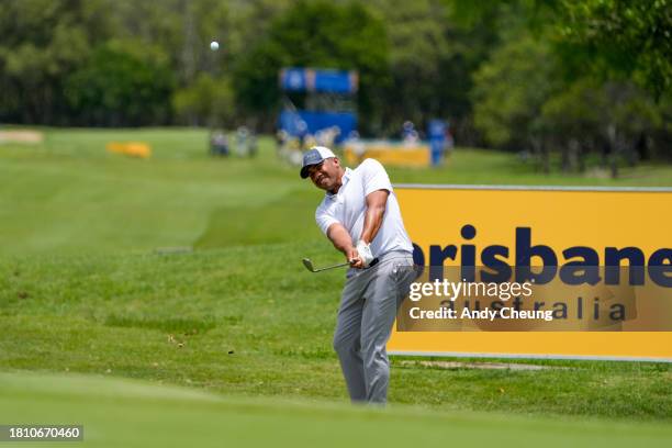 Jhonattan Vegas of Venezuela plays his approach shot on the 9th hole during day two of the 2023 Australian PGA Championship at Royal Queensland Golf...