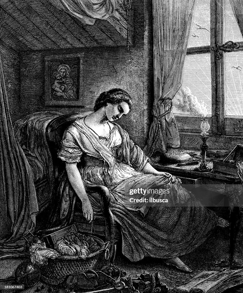 Antique Illustration Of Tired Woman Resting High-Res Vector Graphic ...