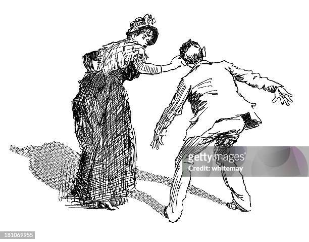 woman tweaking a man's ear - disembarking stock illustrations