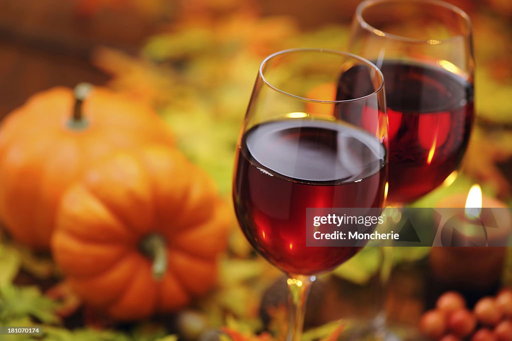 Red wine with autumn decoration