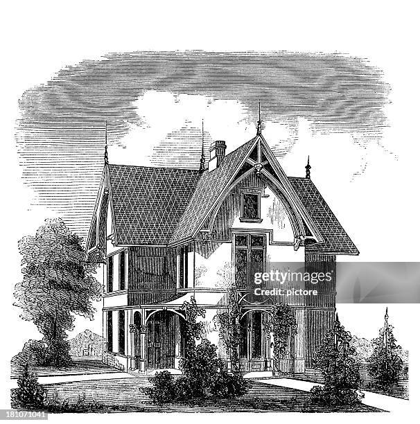 gothic cottage 1860s. - terraced cottage stock illustrations