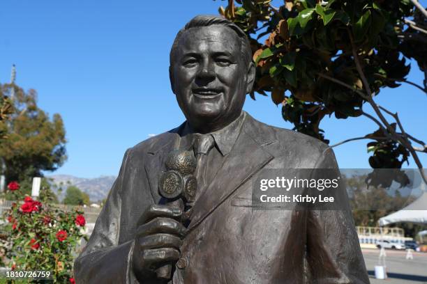 Statue of broadcaster Keith Jackson at Rose Bowl stadium on November 23, 2023 in Pasadena, California.