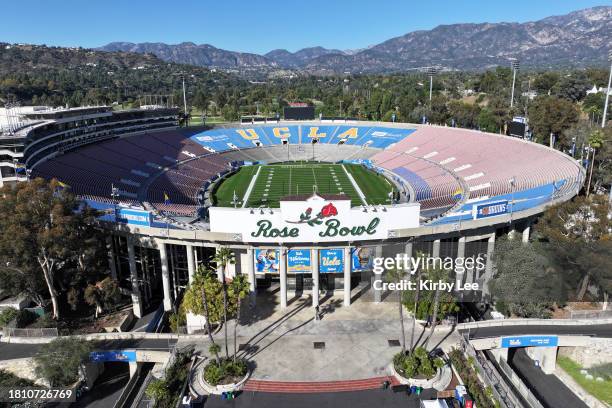 General overall aerial view of the Rose Bowl stadium and San Gabriel mountains on November 23, 2023 in Pasadena, California.