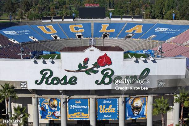 General overall aerial view of the Rose Bowl stadium on November 23, 2023 in Pasadena, California.