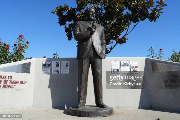 Statue of broadcaster Keith Jackson at Rose Bowl stadium on November 23, 2023 in Pasadena, California.