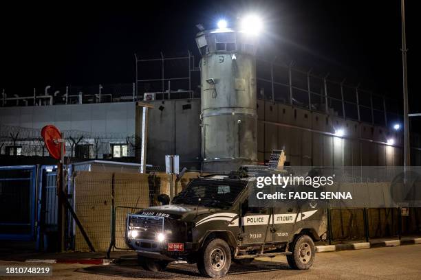 An Israeli border police vehicle is pictured outside the Ofer military prison located between Ramallah and Beitunia in the occupied West Bank on...