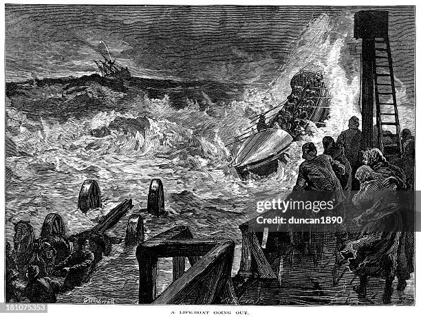 lifeboat going out - ocean waves crashing stock illustrations
