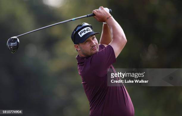 Thriston Lawrence of South Africa plays his tee shot on the 10th hole during Day Two of the Joburg Open at Houghton GC on November 24, 2023 in...