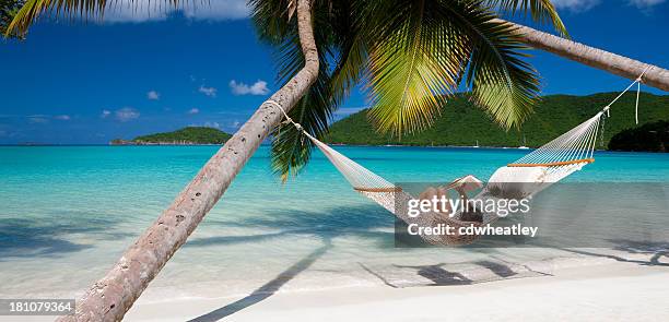 mujer leyendo un libro en una hamaca en la playa caribeña - island fotografías e imágenes de stock