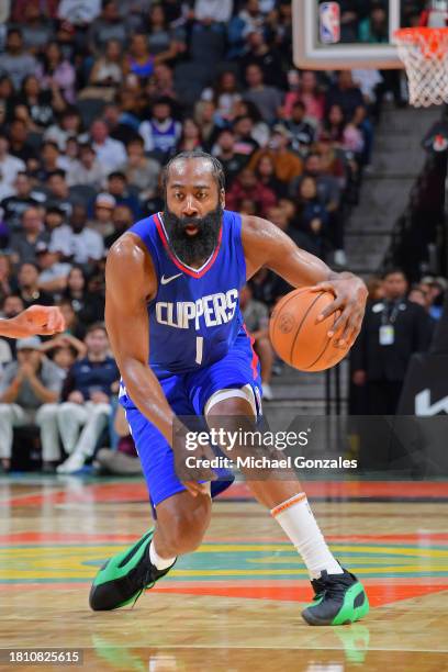 James Harden of the LA Clippers dribbles the ball during the game against the San Antonio Spurs on November 20, 2023 at the Frost Bank Center in San...