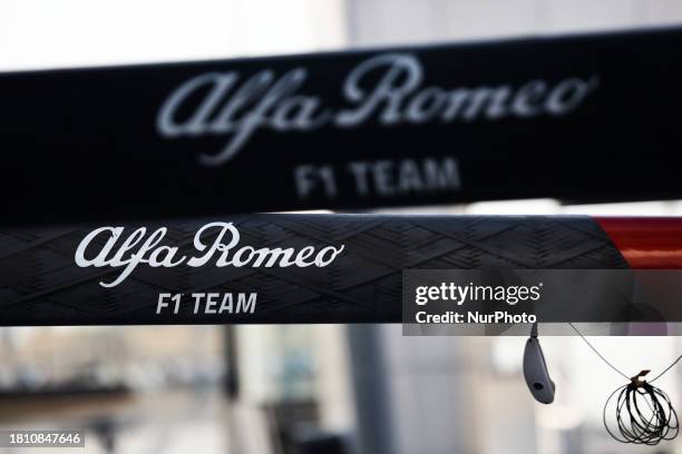 Alfa Romeo logo during the Formula 1 post-season test at Yas Marina Circuit in Abu Dhabi, United Arab Emirates on November 28, 2023.