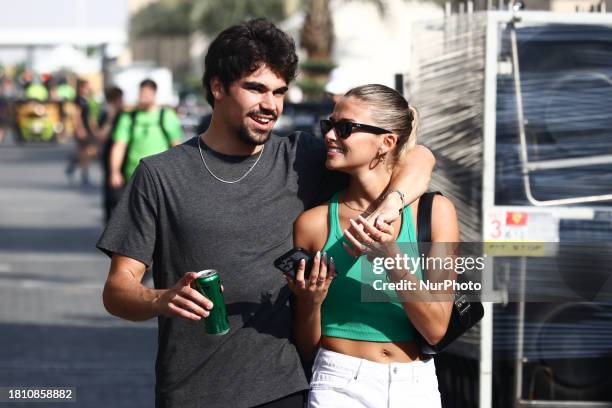 Lance Stroll of Aston Martin Aramco and Marilou Belanger during the Formula 1 post-season test at Yas Marina Circuit in Abu Dhabi, United Arab...