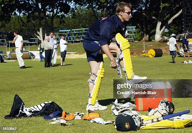 Brett Lee of Australia pads up during training at Queens Park, Bulawayo, Zimbabwe, on February 23, 2003.