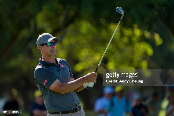 Adam Scott of Australia plays his second shot on the 16th hole during day two of the 2023 Australian PGA Championship at Royal Queensland Golf Club...