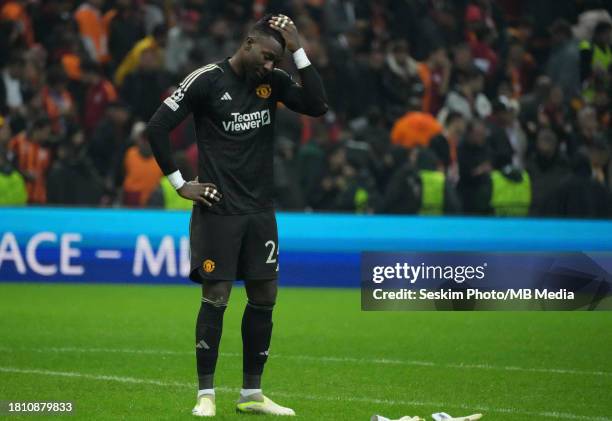 Goalkeeper Andre Onana of Manchester United is dejected after the UEFA Champions League match between Galatasaray A.S. And Manchester United at Ali...