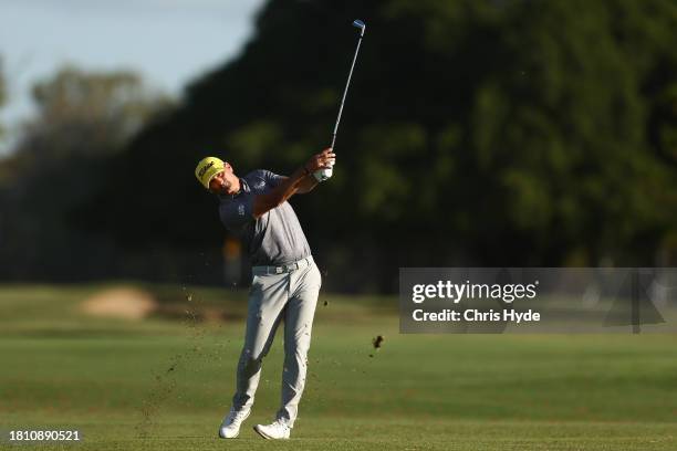 Michael Hendry of New Zealand plays a shot during day two of the 2023 Australian PGA Championship at Royal Queensland Golf Club on November 24, 2023...