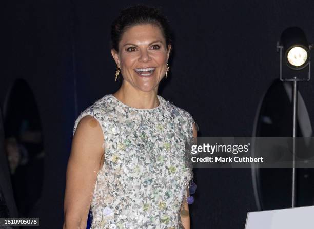 Crown Princess Victoria of Sweden arrives at a gala dinner hosted by Business Sweden and the Embassy focusing on sustainability, innovation and...
