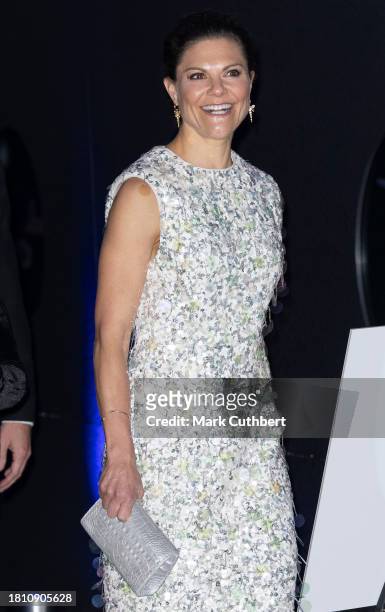 Crown Princess Victoria of Sweden arrives at a gala dinner hosted by Business Sweden and the Embassy focusing on sustainability, innovation and...