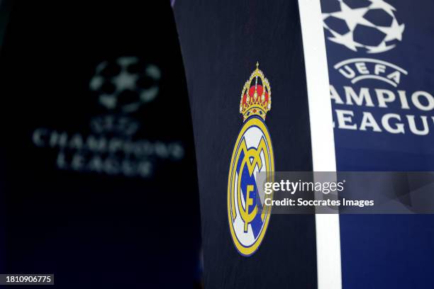 Real Madrid and UEFA Champions League logo during the UEFA Champions League match between Real Madrid v Napoli at the Santiago Bernabeu Stadium on...