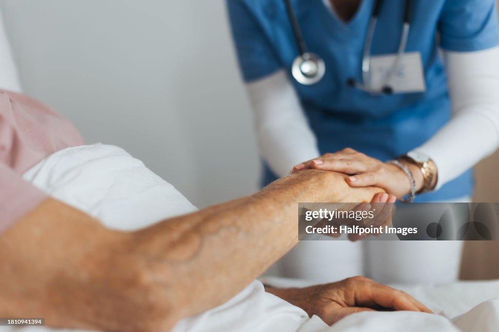 Close-up of caregiver holding senior client hand. Support from nurse to patient, taking care of elderly man in hospital. Emotional support and care in healthcare.