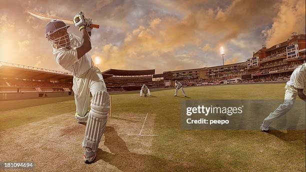 cricket batsman hits a six - cricket bat stockfoto's en -beelden