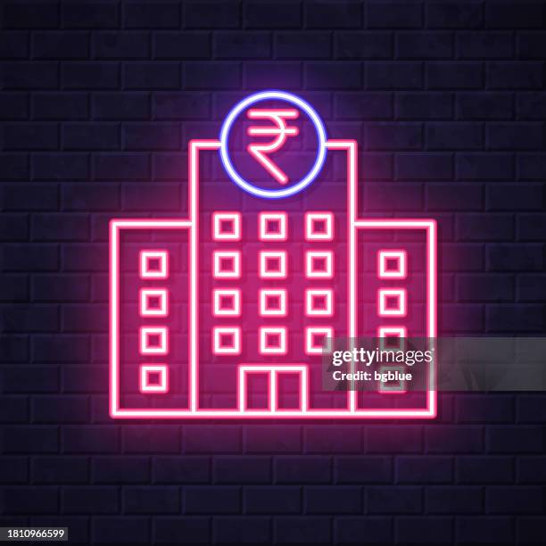 ilustrações de stock, clip art, desenhos animados e ícones de bank with indian rupee sign. glowing neon icon on brick wall background - inside bank