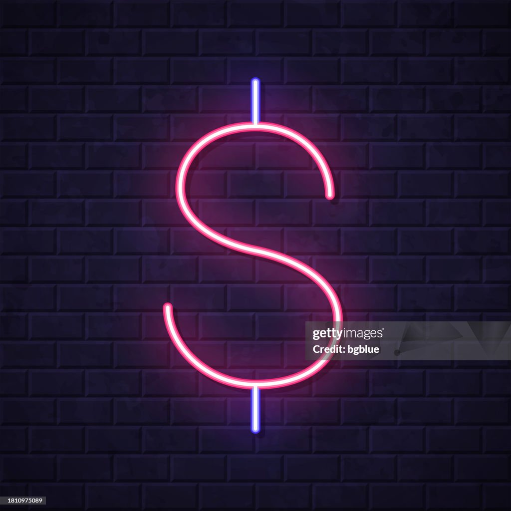 Dollar sign. Glowing neon icon on brick wall background