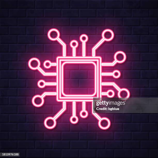 processor. glowing neon icon on brick wall background - quantum stock illustrations