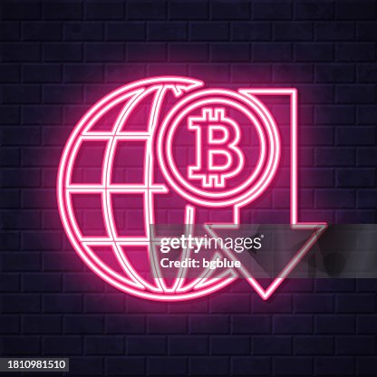 Bitcoin rate decrease. Glowing neon icon on brick wall background Bitcoin rate decrease. Glowing neon icon on brick wall background