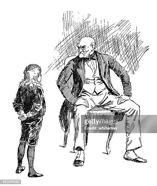 cheeky victorian child offending an old man - children acting stock illustrations