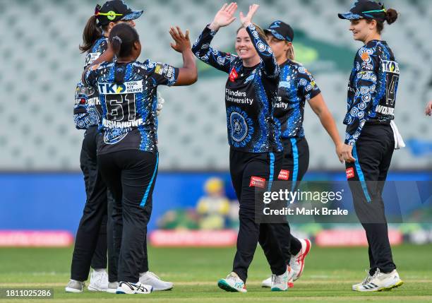 Amanda-Jade Wellington of the Adelaide Strikers celebrates the wicket of Lauren Wingfield-Hill of the Perth Scorchers during the WBBL match between...