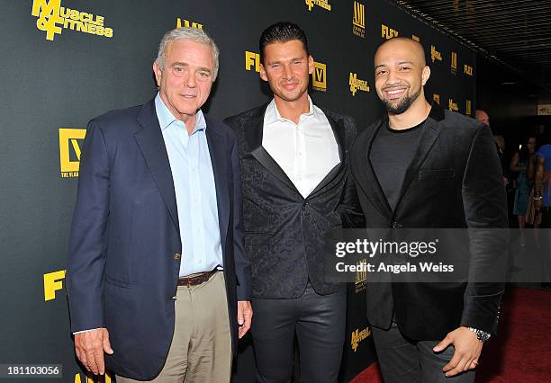 Executive producer Jerome Gary, director/producer Vlad Yudin and producer Edwin Mejia arrive at the Los Angeles premiere of 'GENERATION IRON' at...