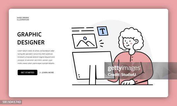 flat illustration for web page template of graphic designer, web design - graphic designer computer stock illustrations