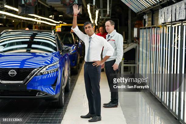 Prime Minister Rishi Sunak tours the car manufacturer Nissan on November 24, 2023 in Sunderland, England. The Prime Minister and Chancellor visit the...