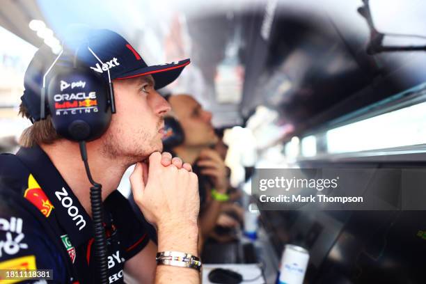 Max Verstappen of the Netherlands and Oracle Red Bull Racing looks on from the pitwall during practice ahead of the F1 Grand Prix of Abu Dhabi at Yas...