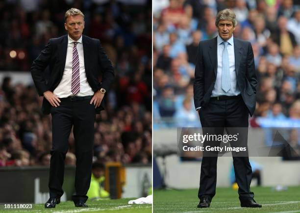 In this composite image a comparison has been made between David Moyes , Manager of Manchester United and Manuel Pellegrini,Manager of Manchester...