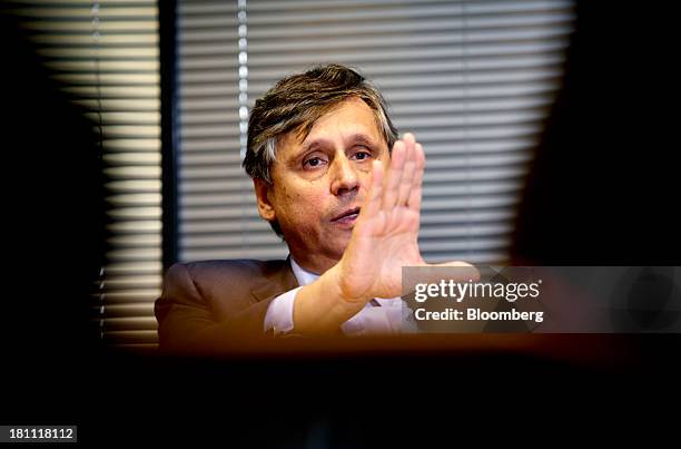 Jan Fischer, Czech Republic's finance minister, gestures during an interview in Prague, Czech Republic, on Thursday, Sept. 19, 2013. Czech deficit...